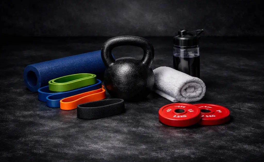 Rehab and recovery training setup with resistance bands, kettlebell, weight plates, towel, water bottle and foam roller. Representing the rebuild/rehab service