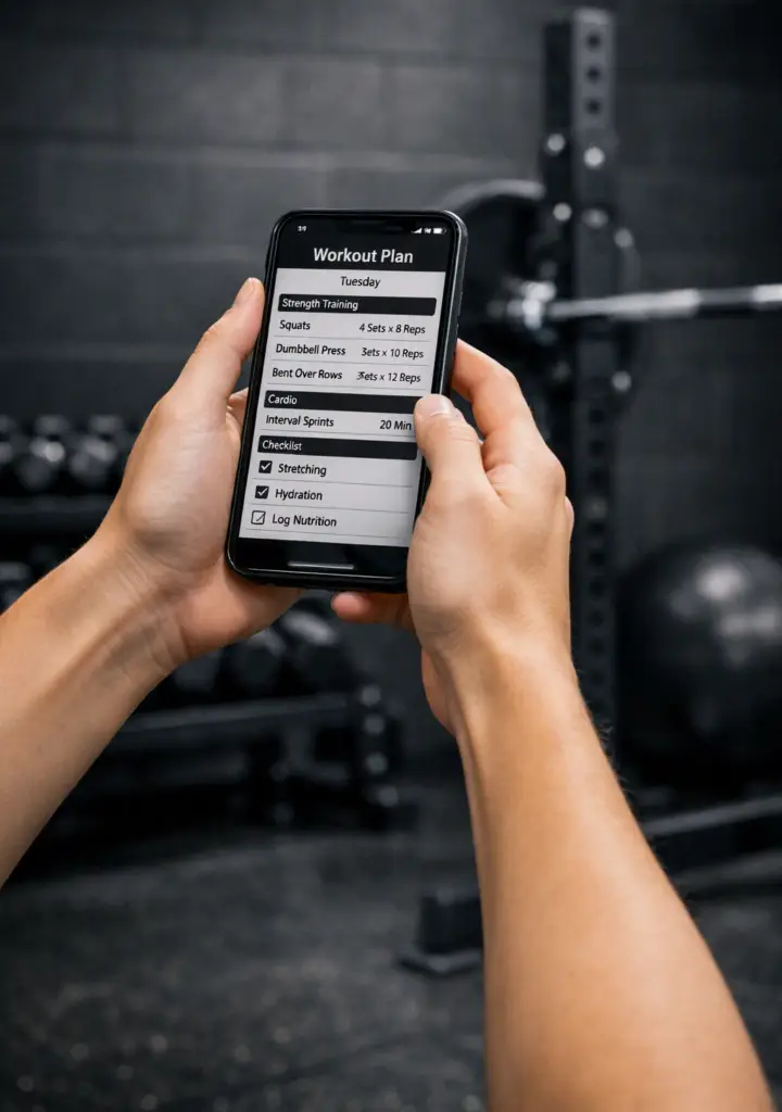 Hands holding a mobile phone with workout on screen. Signifying online coaching